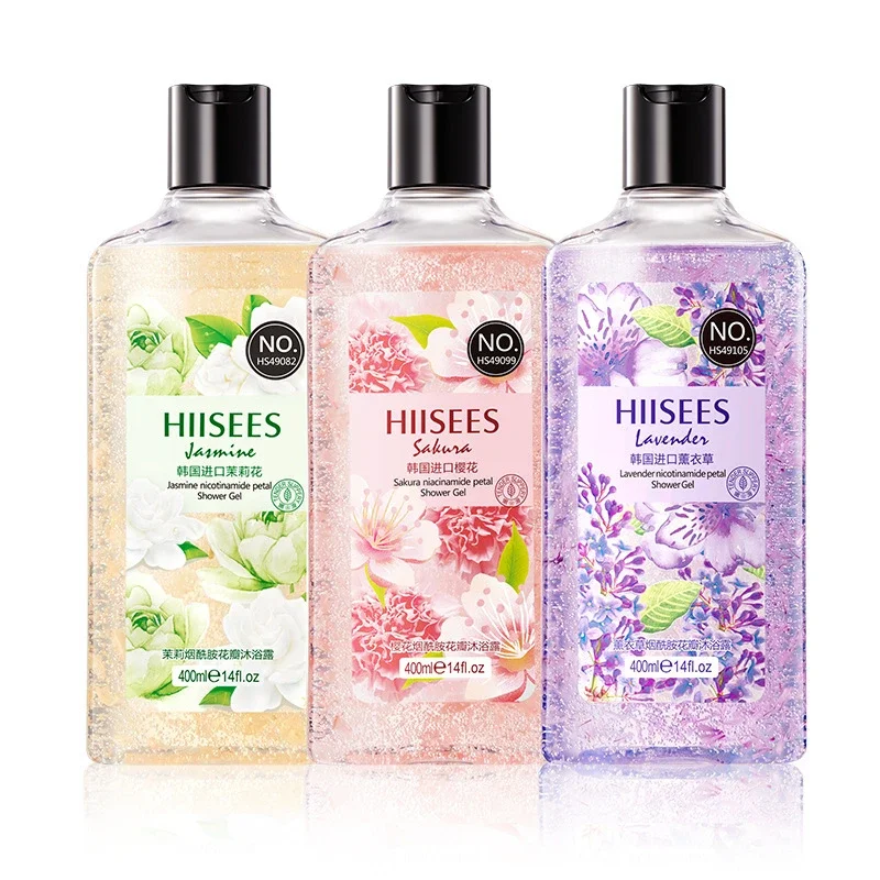 Gel de ducha calmante para la piel, loción corporal hidratante, fragancia de lavanda duradera, flores de cerezo, pétalos románticos florales, 400ml