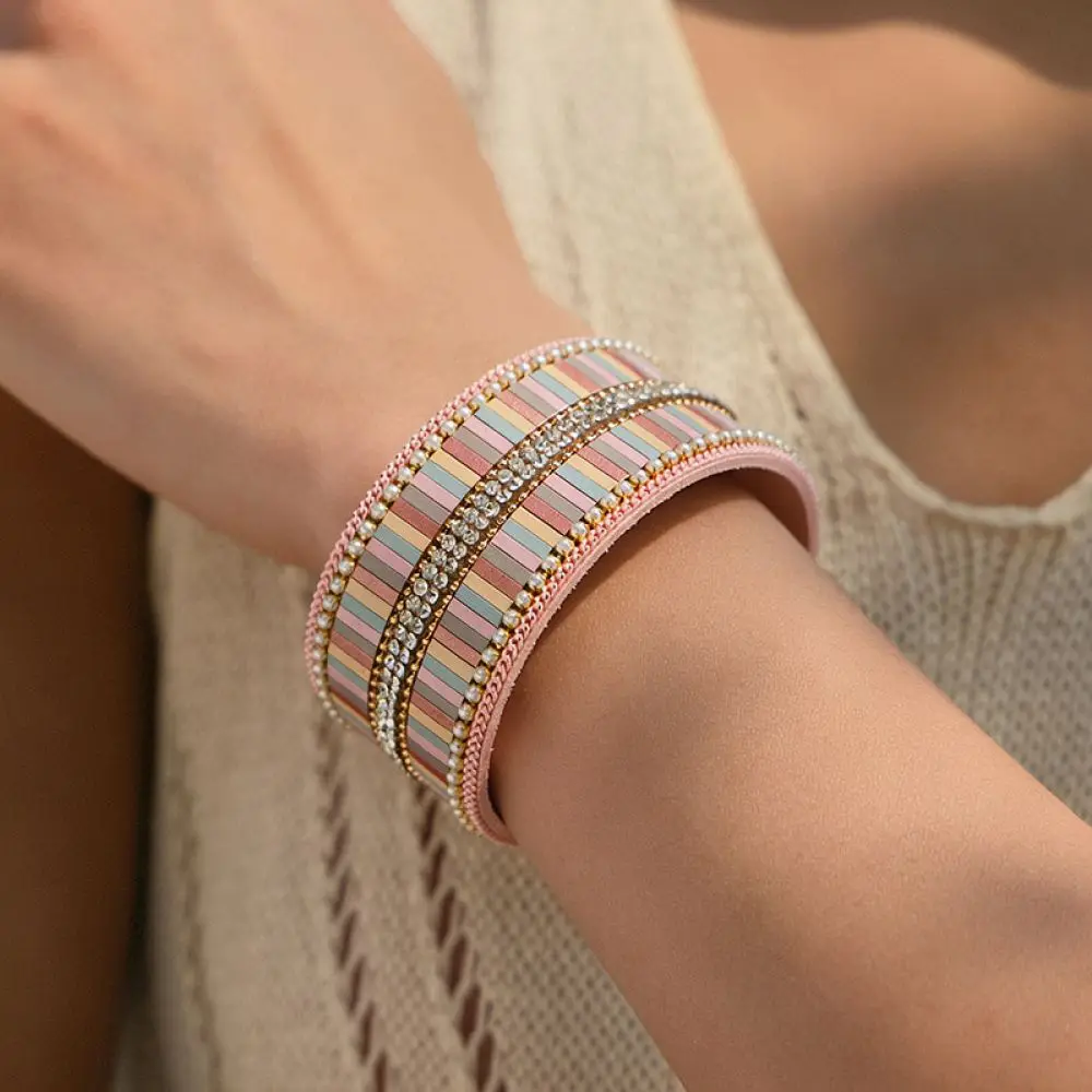 Classic Leather Cuff Bracelet For For Ornapeadia Women Vintage Rhinestone Geometric Jewelry Magnetic Closure Summer Wrist Decor