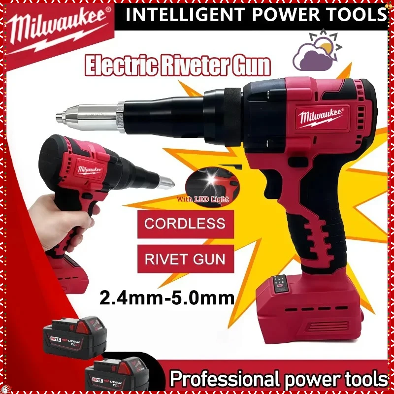 

New Milwaukee 4.8MM Cordless Electric Riveter Gun Brushless Rivet Riveting Tool With LED Light For Milwaukee 18V Battery