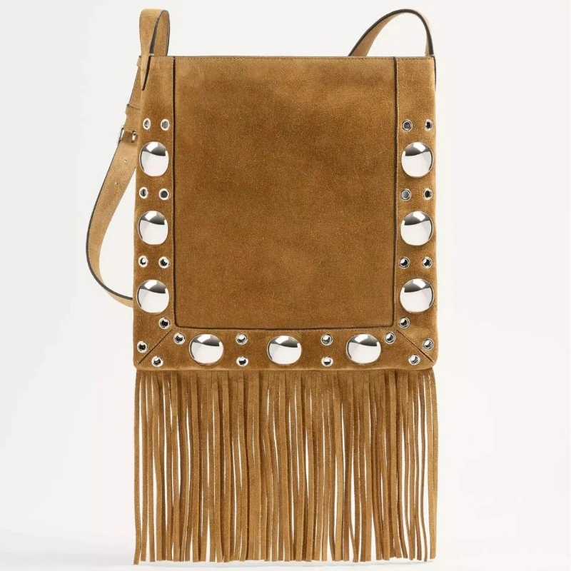 

Bohemian Style Niche Design Imitation Moose Leather Velvet Mail Carrier Bag Rivet Tassel Single Shoulder Oblique Span Bag Women