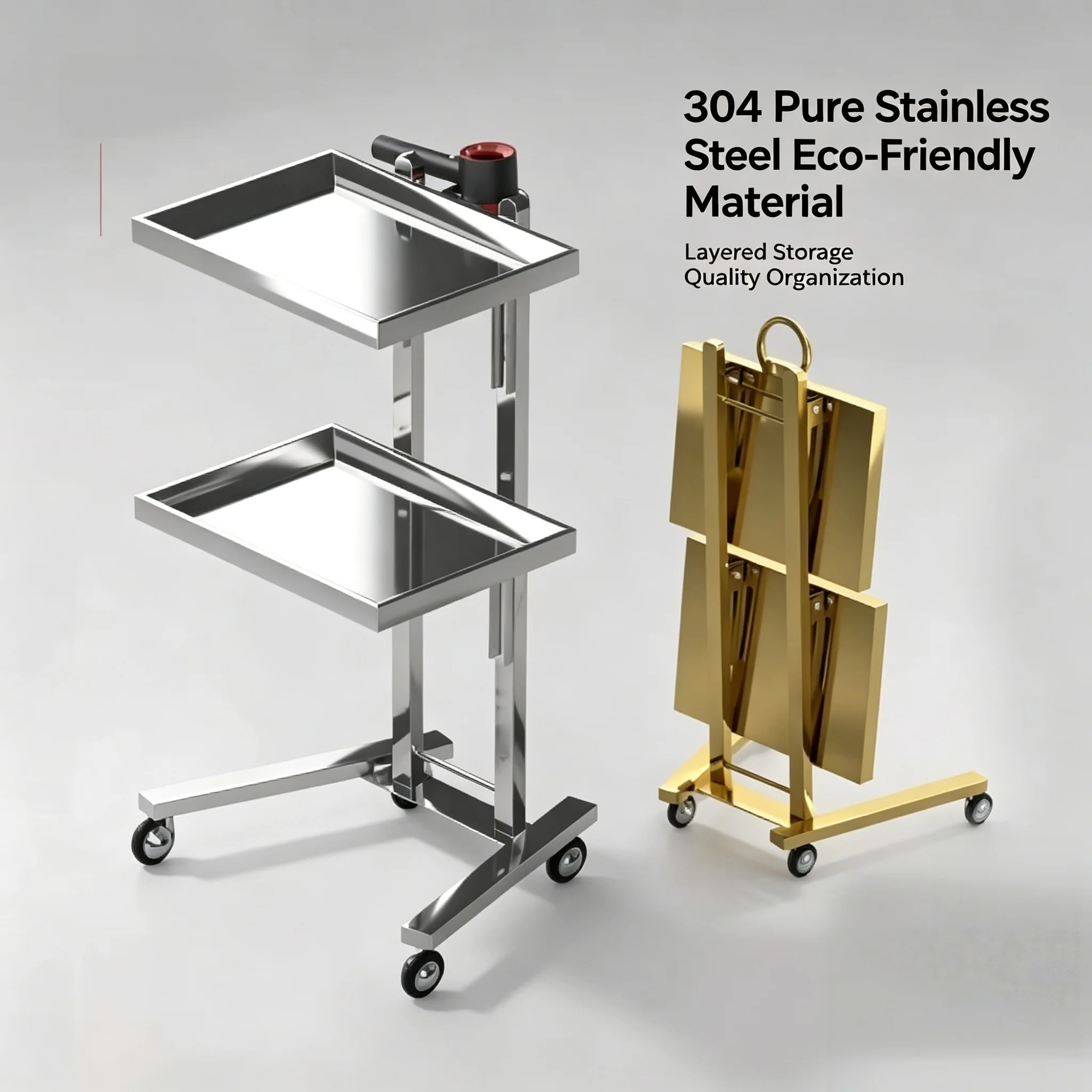 Foldable Stainless Steel Hair Salon Trolley, Barber Shop Rolling Storage Cart for Hair Perming and Dyeing