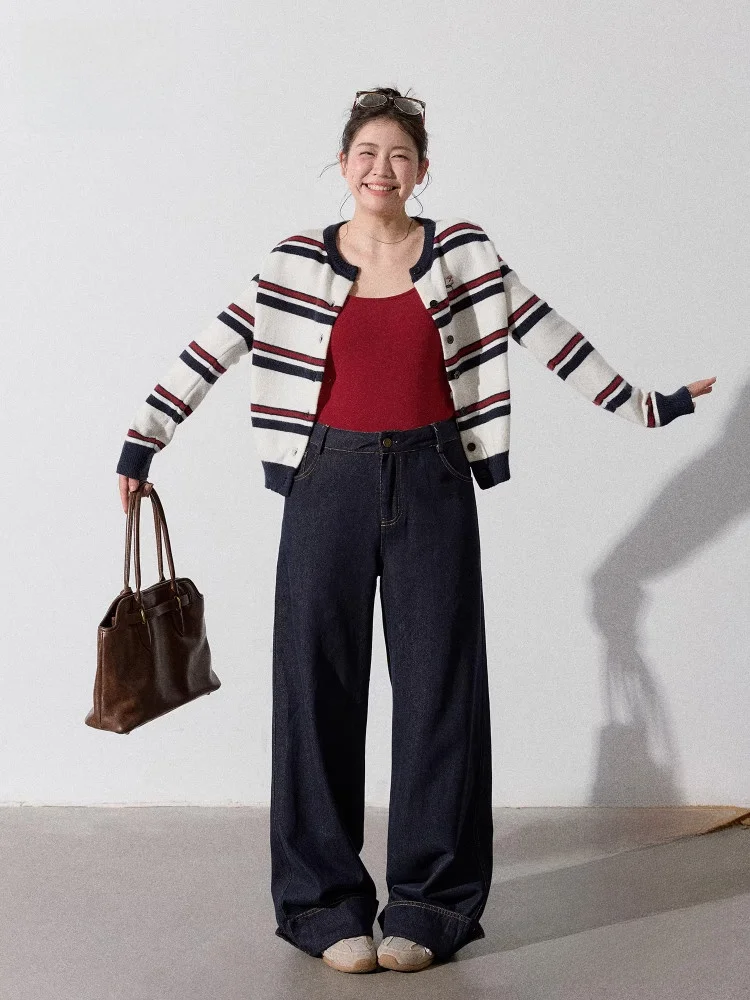 

Zhang Da, женский модный комплект больших размеров, утягивающий вязаный повседневный полосатый открытый кардиган, широкие джинсы с высокой талией, длинный све