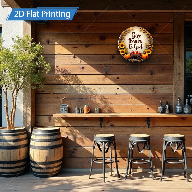 ป้ายโลหะแบบแบน 2 มิติ 1 ชิ้น ขนาด 8x8 นิ้ว ลายพิมพ์แบบแบน 2 มิติ ตกแต่งผนังธีมฤดูใบไม้ร่วง "ให้ขอบคุณพระเจ้า" พร้อมลายฟักทองและดอกทานตะวัน สำหรับตกแต่งบ้าน
