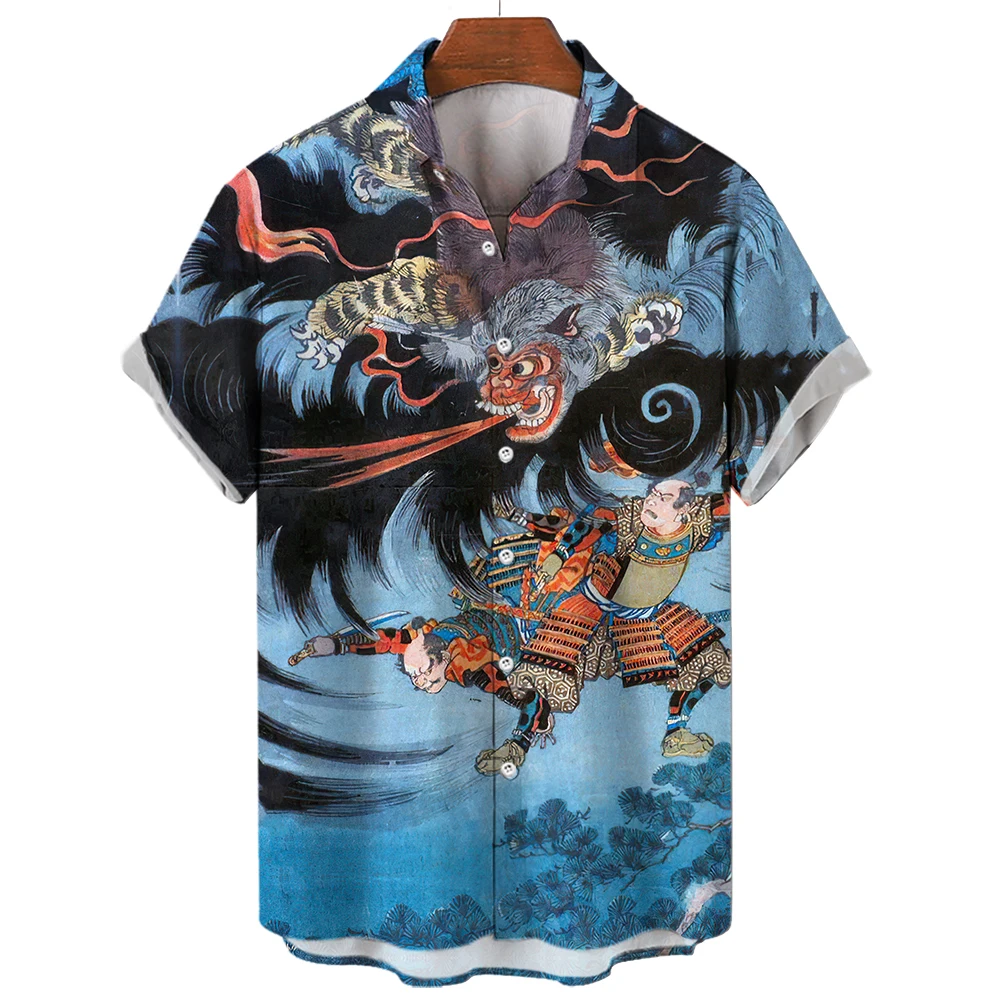 Hawaiian Anime Shirt For Men Tiger Pattern Summer Short Sleeve 3D Print Tops Casual Lapel Clothes Oversized Button Vintage Beach