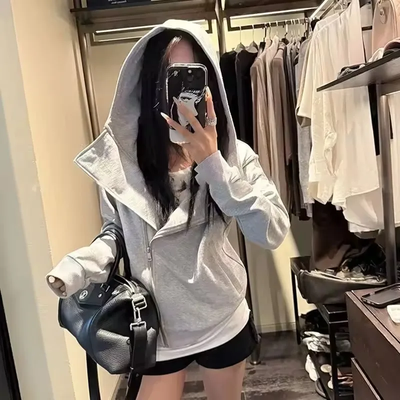 

Корейская свободная тонкая толстовка с капюшоном, женская ранняя осень, новая мода на молнии с длинными рукавами, базовый женский топ