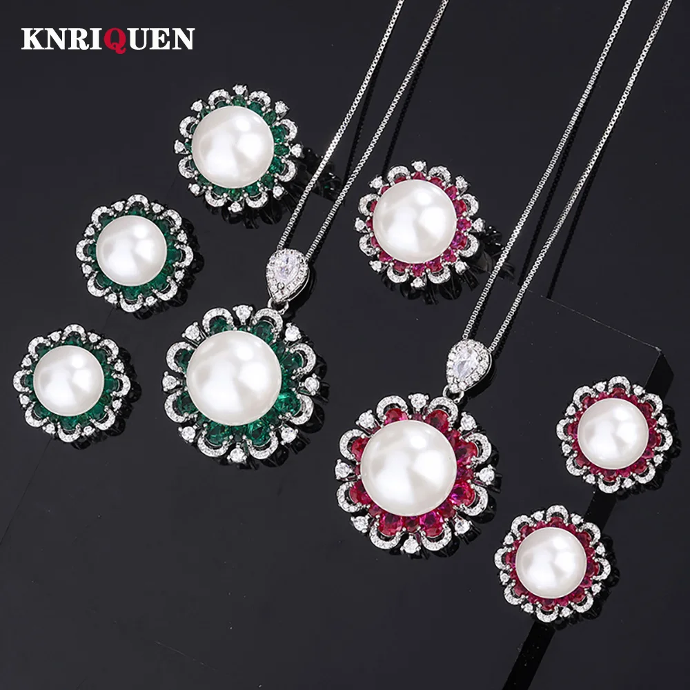 Charms White Color Pearl Ruby Emerald Gemstone Pendant Necklace Ring Earrings for Women Wedding Jewelry Sets Lady Gift Statement