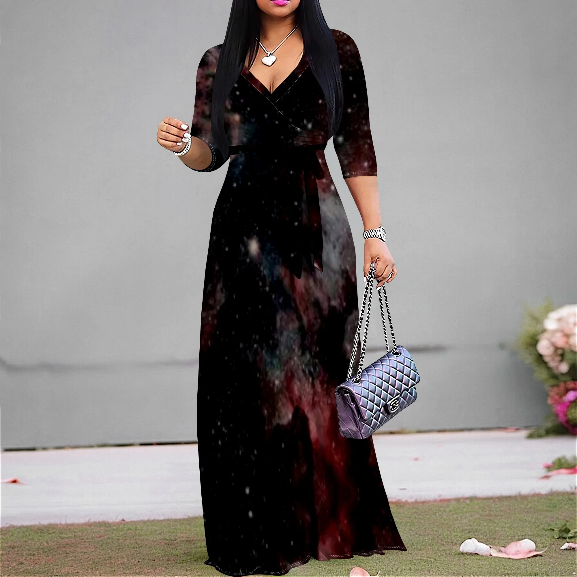 

Nebula Print Maxi Dress S‑3XL V‑Neck Wrap Style with Belt & 3/4 Sleeves for Night Out, Art Show or Fall Party Look