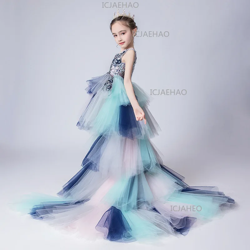 Kids Princess Gown Flower Girl Dress, Girls Evening Dress With Train, Host Pageant Piano Performance Outfit For Little Girls