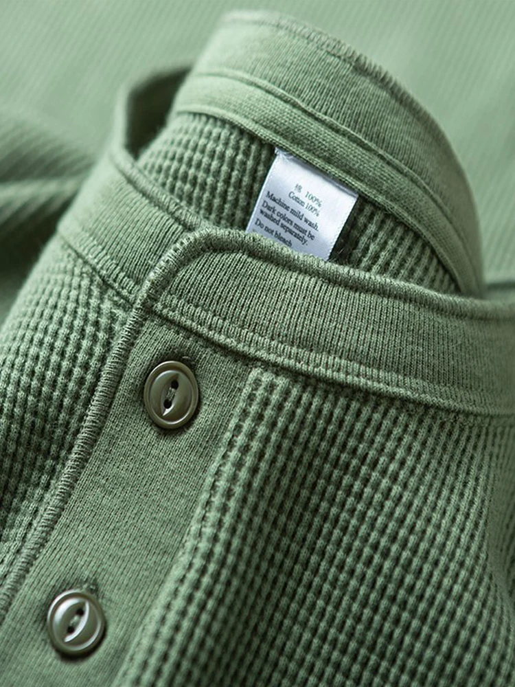 

Heavyweight American Retro Henry Shirt Men's Color Elastic Slim Fit Waffle Pattern Henry Collar Long Sleeve Fitness