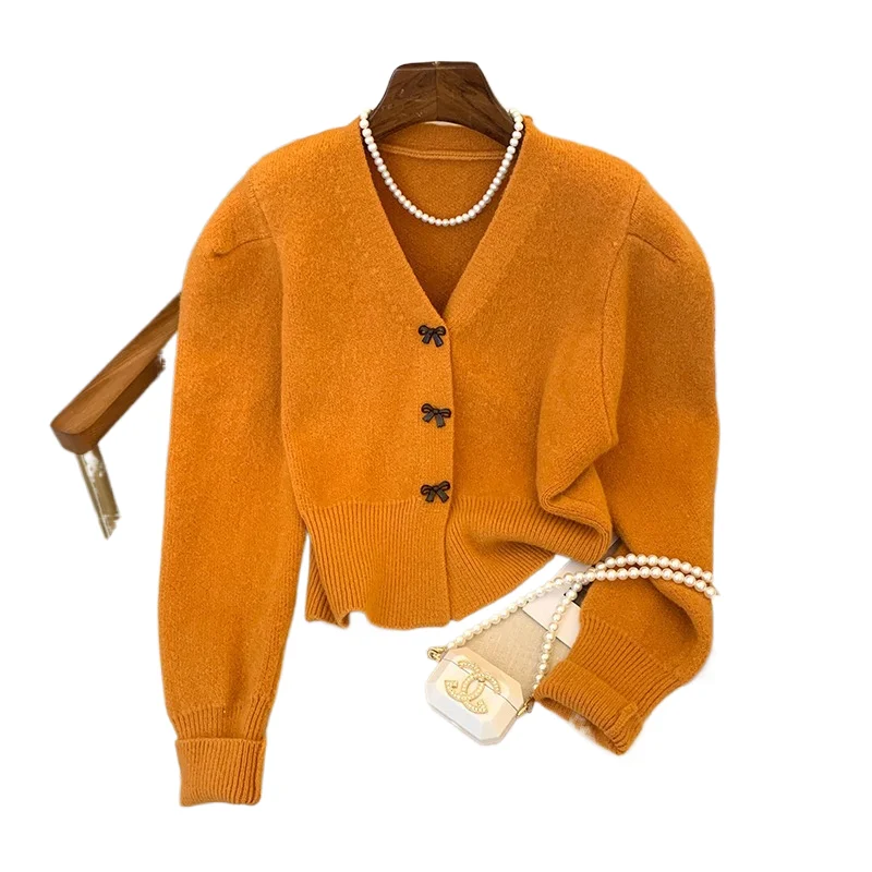 

Милый свитер на пуговицах с бантом, корейский ретро, весна-осень, новый вязаный кардиган, женский элегантный темпераментный вязаный кардиган с v-образным вырезом и длинным рукавом