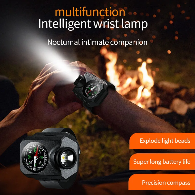 Wrist LED Light Wristwatch Flashlight with Compasses Rechargeable Outdoor Bracelet Flashlight Tactically Torch Camping Running