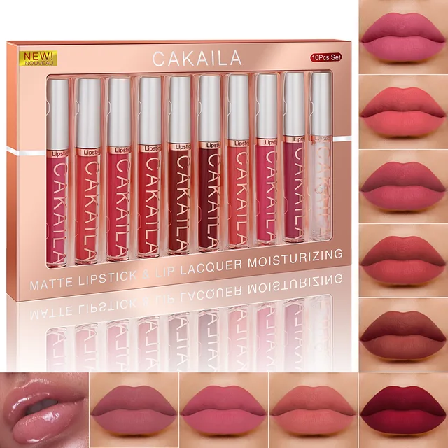 10 sztuk/zestaw Nude Lip Gloss Matowa Aksamitna Pomadka Wodoodporna Długotrwała Pomadka w Płynie Nawilżający Tint do Ust dla Kobiet