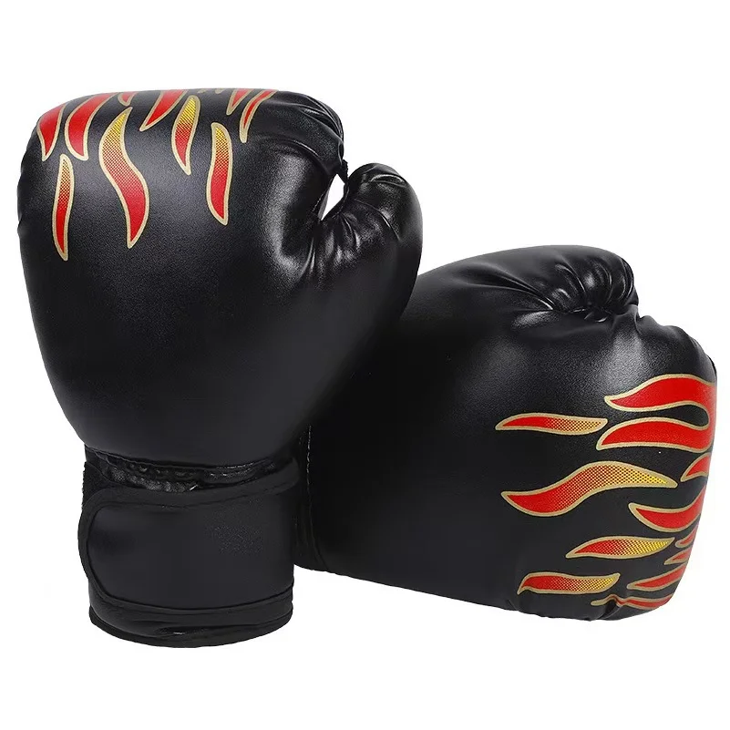 1 Pair Boxing gloves PU material, for cool kids/adults, for training, fighting, and Sanda, red, black, and blue flame design