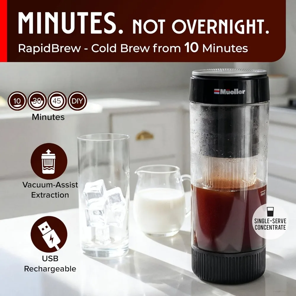Mueller RapidBrew Cold Brew Cafetera helada – Máquina de preparación en frío recargable portátil de elaboración rápida de 10 min para café y té – Adju