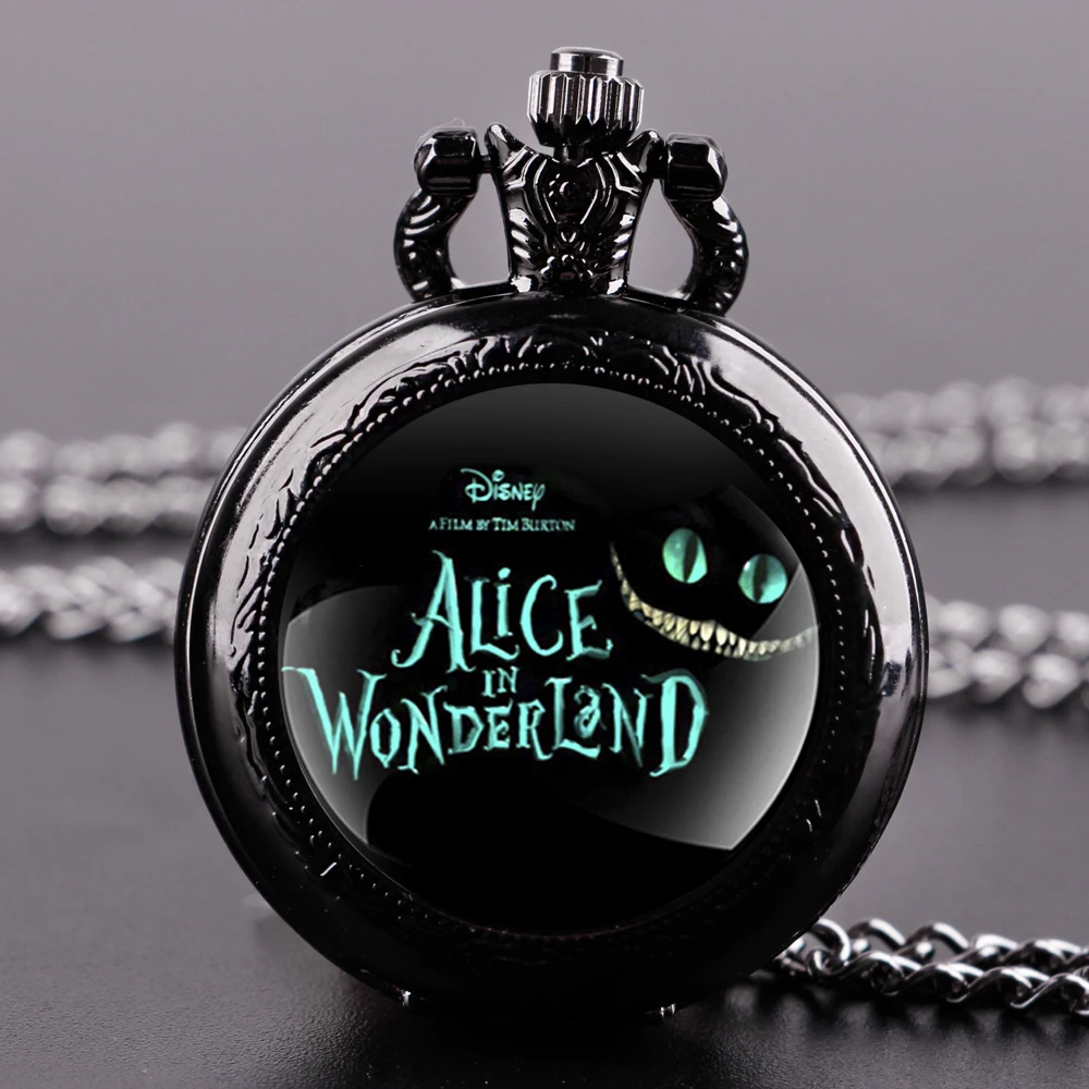 Alice reloj de bolsillo de cuarzo negro para hombres y mujeres, reloj con colgante, collar, moda, nuevo