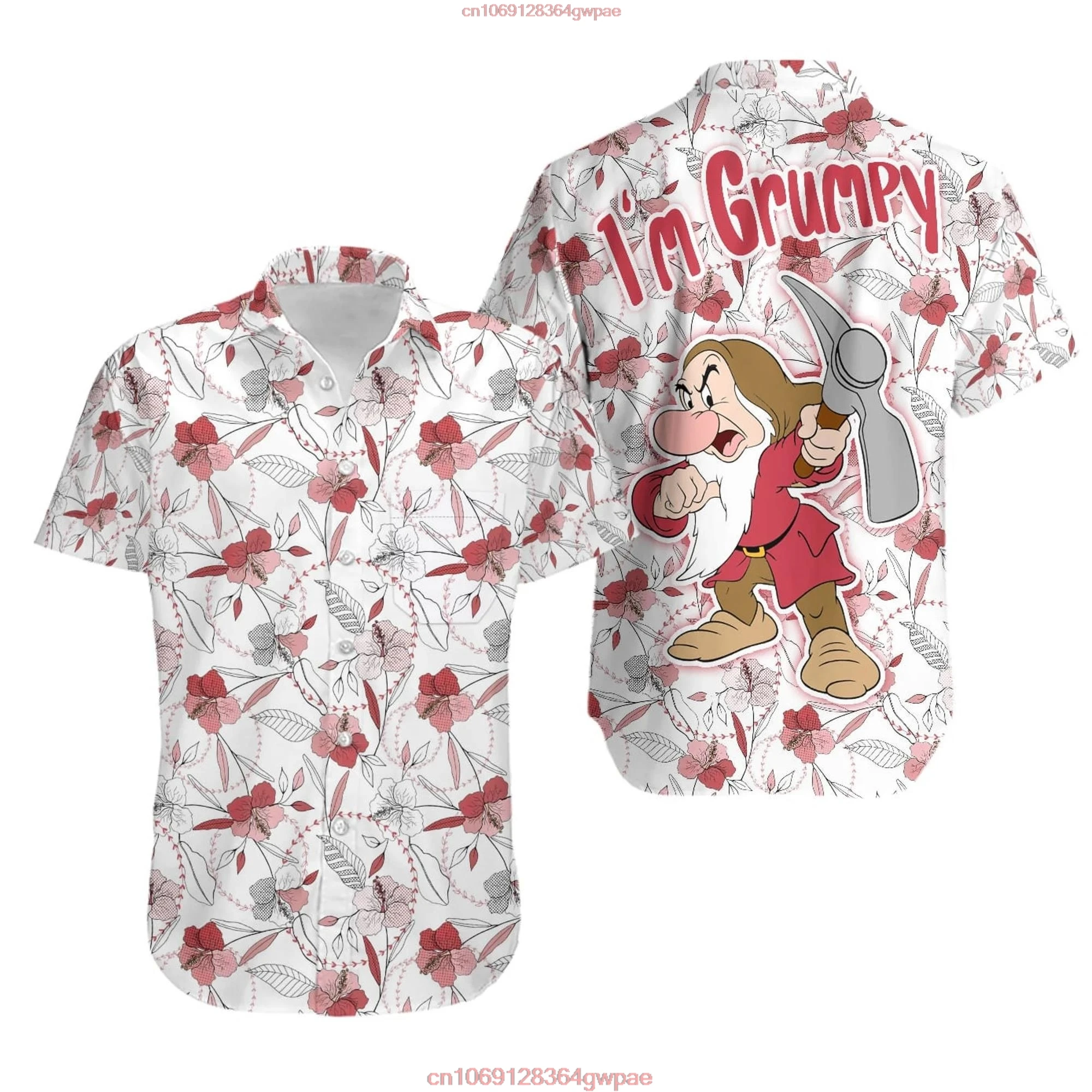 Grumpy Dwarf Snow White Hawaiian Shirt For Men's Disney Palm Leaves Hawaiian Shirt Men's clothing Casual Beach Button Down Shirt