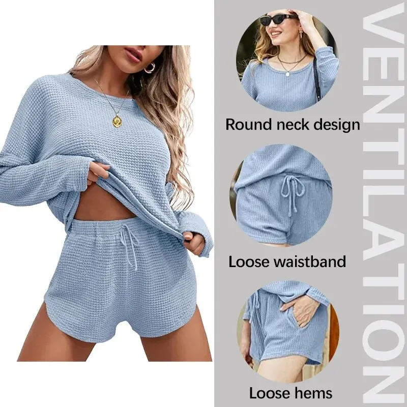 Women\'s Waffle Knit Pajama Set Homewear Sportswear Long Sleeve Top And Shorts Matching Casual Set Loungewear Sportswear With Poc