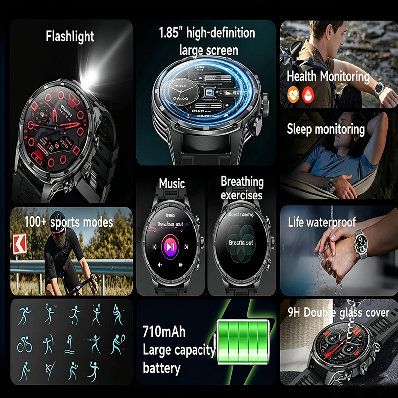 2026 New Men Rugged Smart Watch Bluetooth Call IP68 Waterproof 1.85