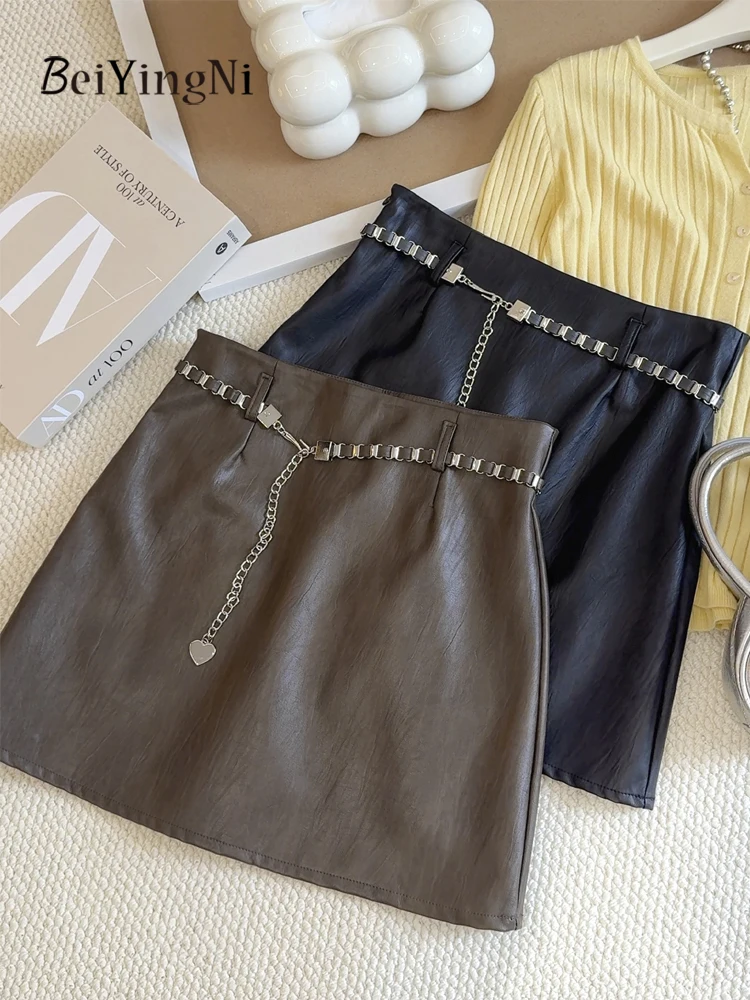 

Beiyingni 2025 Fashion A-line Skirts for Women Casual Slim High Waist Mini Pack Hip Skirt Ladies Chain Street PU Leather Faldas