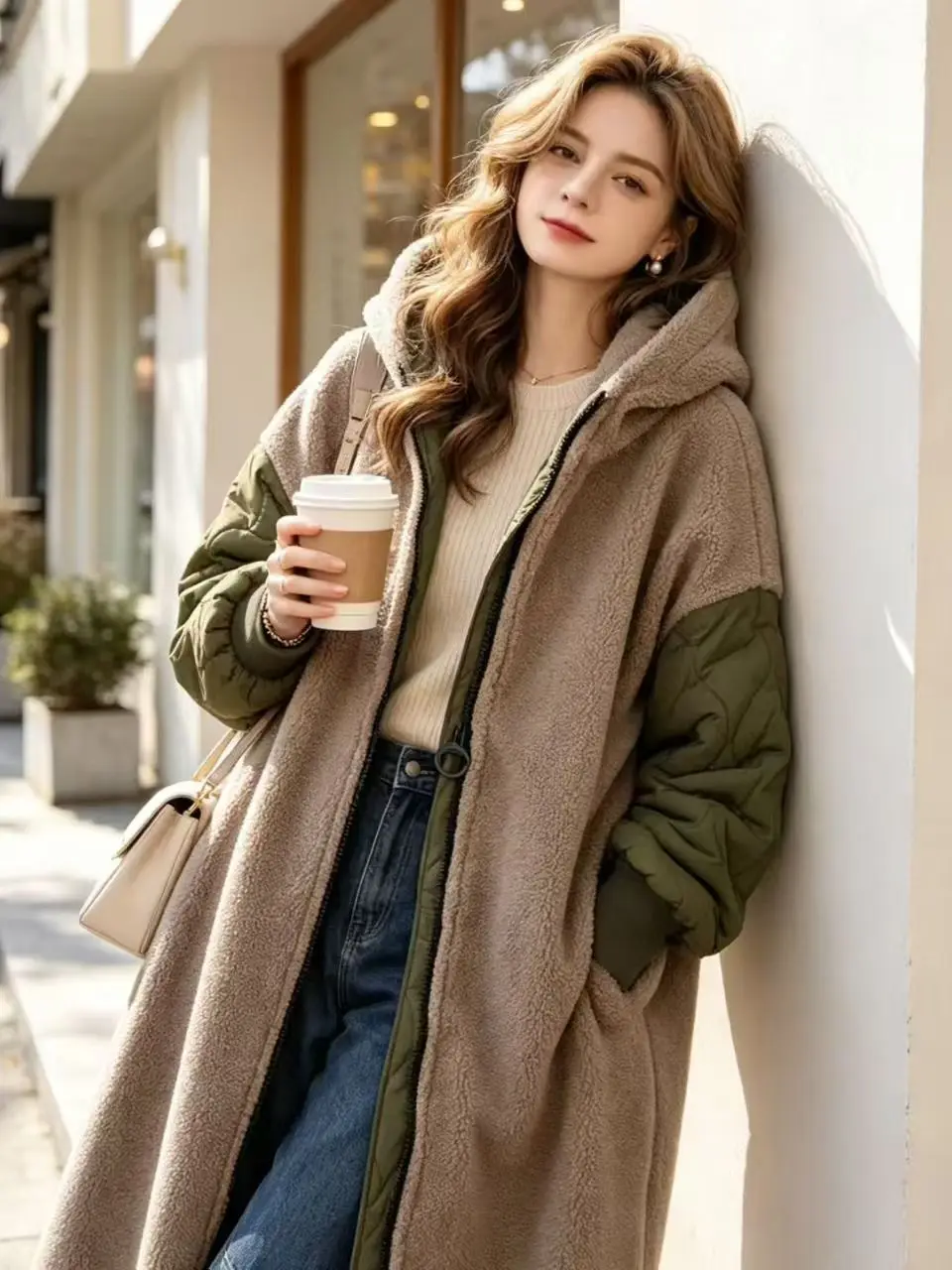 Japanese Style Oversized Spliced Cotton Jacket Women's Winter Warm Coat Zipper Closure Hooded Long Sleeve Mid-Length Polyeste...