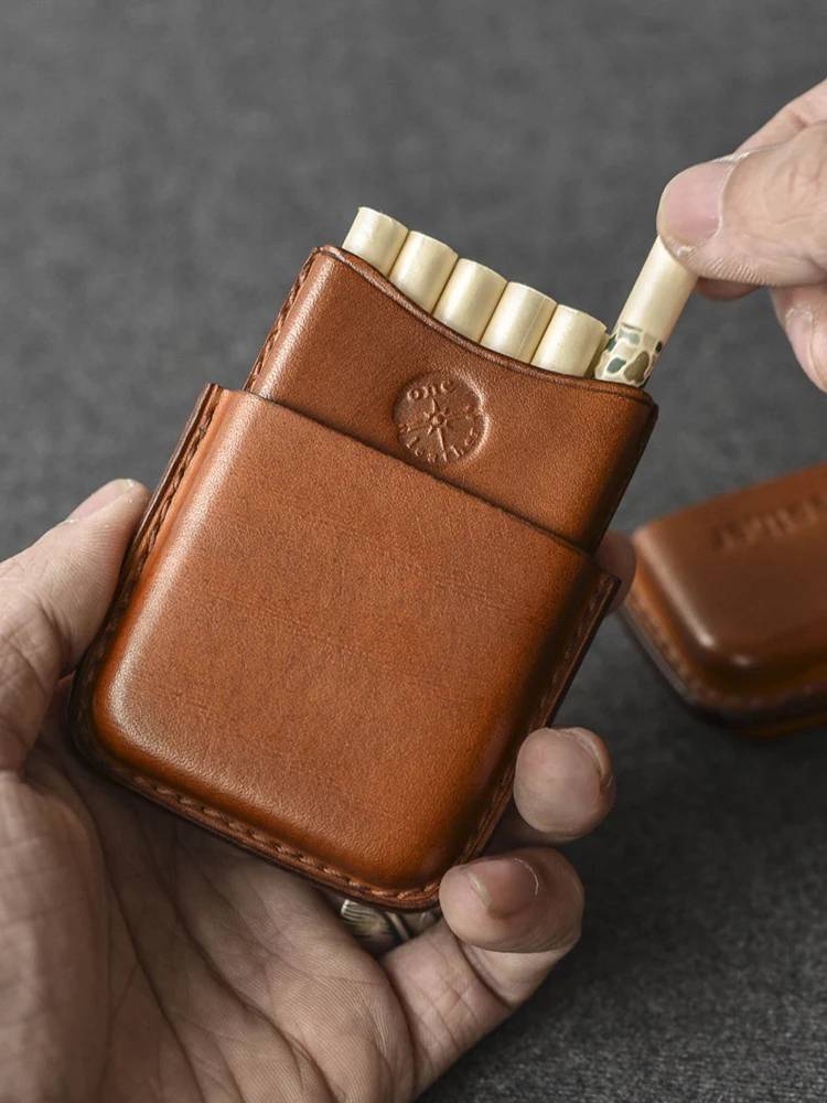 

One Leather One Leather Portable Cigarette Case Men's High-end 11 Pcs Vegetable Tanned Cowhide Ultra-thin Yellow Crane Tower Xia