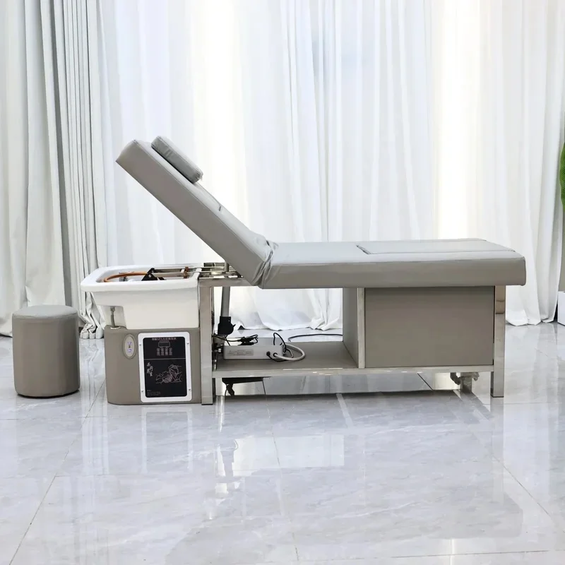 Adjustable Reclining Shampoo Bed with Circulating Water Constant Temperature Tub Leather Head Spa Massage Table for Barber Shop