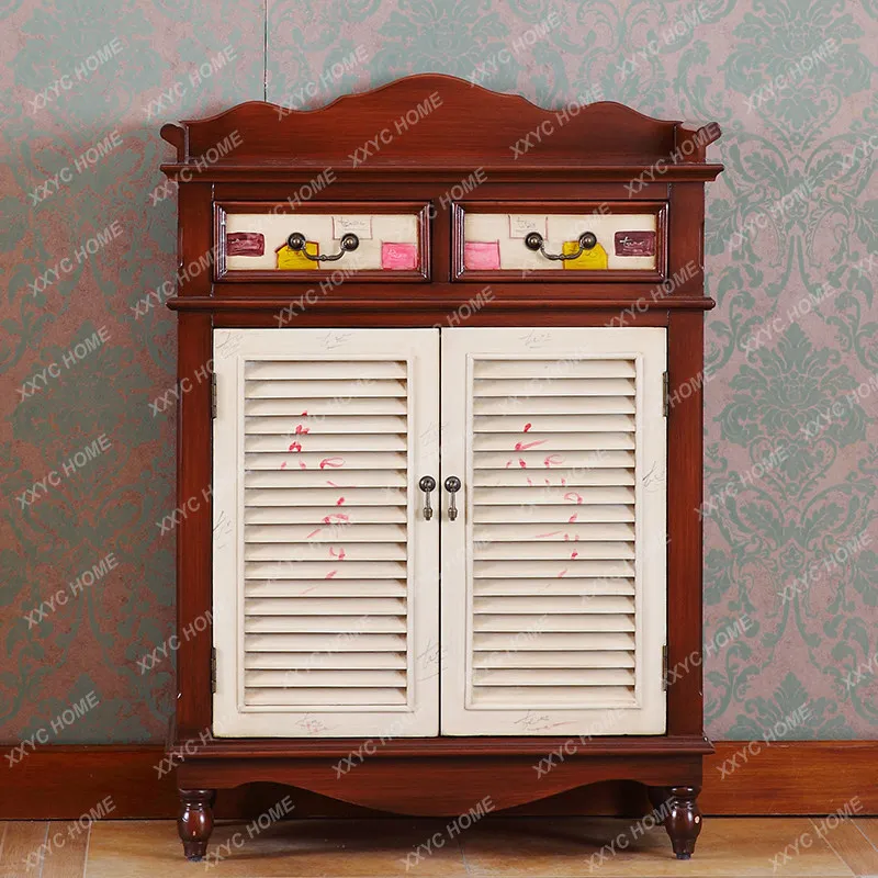 Blinds breathable shoe cabinet hand-painted dining side cabinet solid wood retro locker