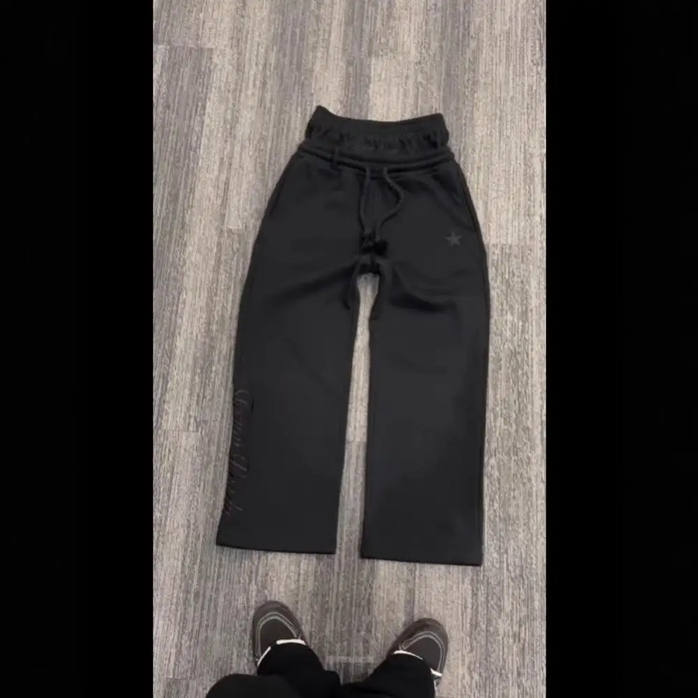 Trendy brand high-quality embroidery men's sweatpants, high street trousers, double waistband, loose drawstring women's wide-leg