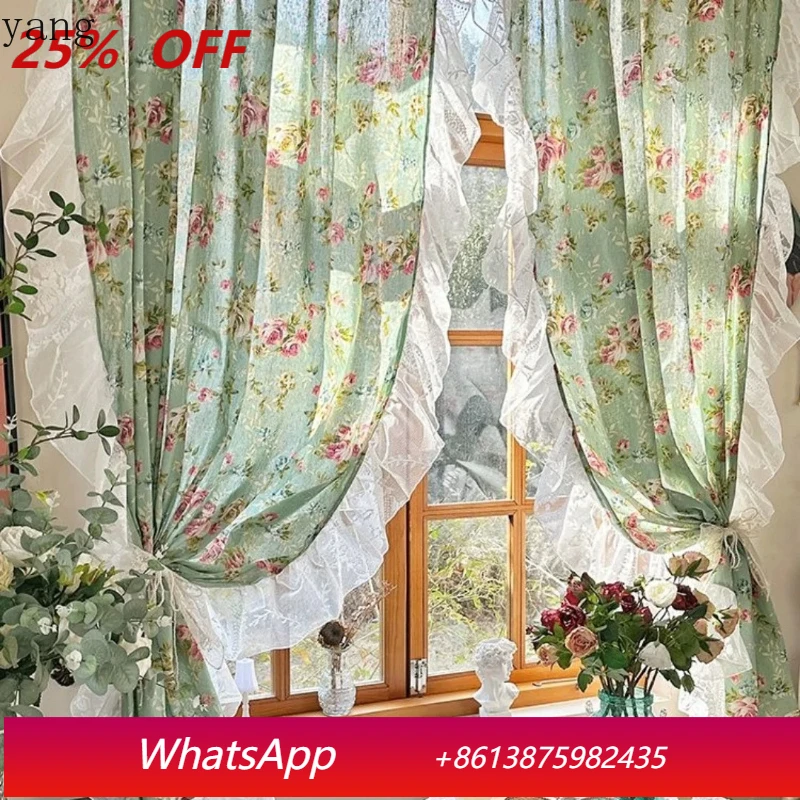 

LH Vintage Curtains Flower Lace Rustic Style Pure Leather Living Room Bedroom No Diamond Door Curtains
