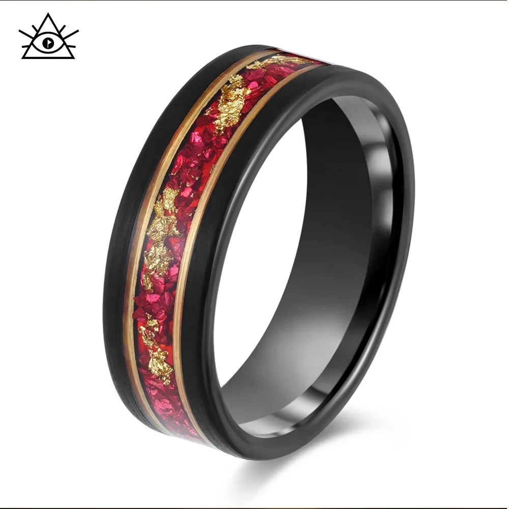 

Роскошное мужское кольцо унисекс со скошенной черной пескоструйной обработкой из вольфрамовой стали, железные напильники, инкрустированные красным гравием, кольца из фольги