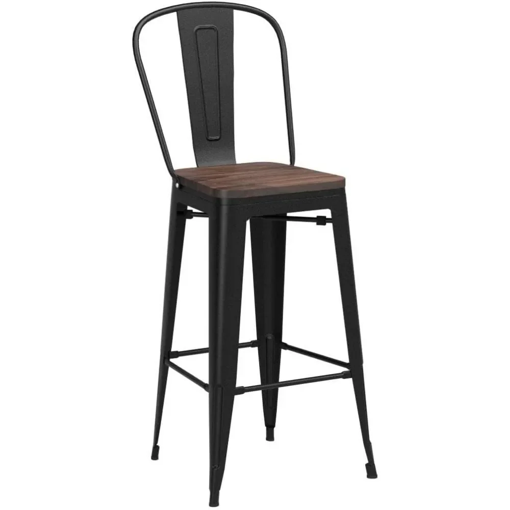 30 inch Metal Bar Stools Set of 4 Bar Height Stools Kitchen Island Barstools High Back Bar Chairs with Large Wooden Seat