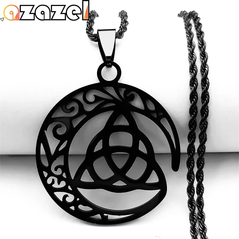 Goth Crescent Moon Triquetra Celtic Witch Knot Necklace Men Women Stainless Steel Black Color Hollow Necklaces Jewelry N3765S08