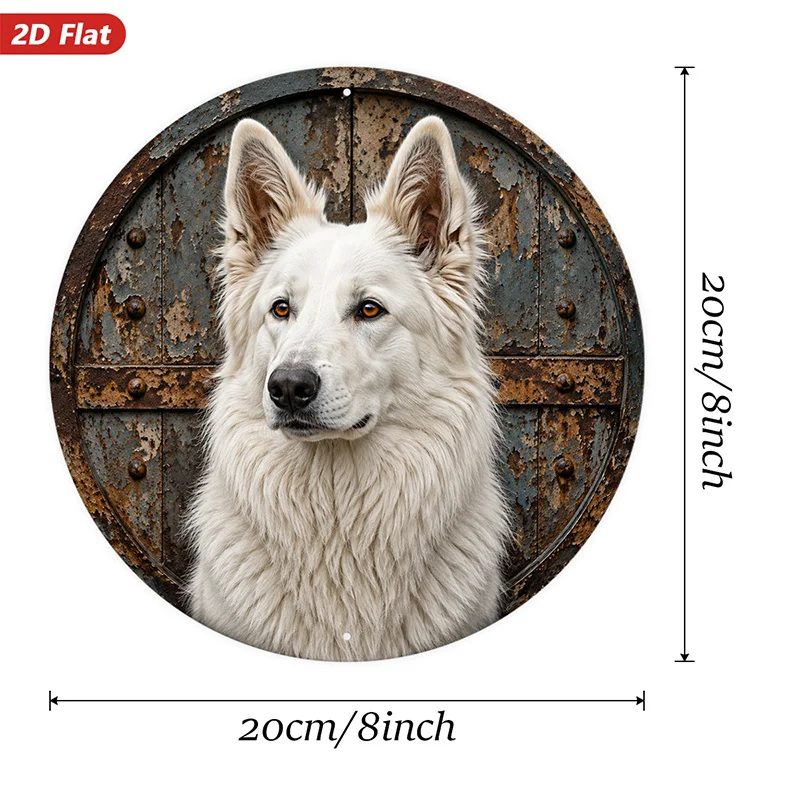 1pc White Shepherd Round Metal Aluminum Sign Wall Art, White Dog Portrait,Fluffy Fur Detail,Suitable for Entryway Bedroom Corner