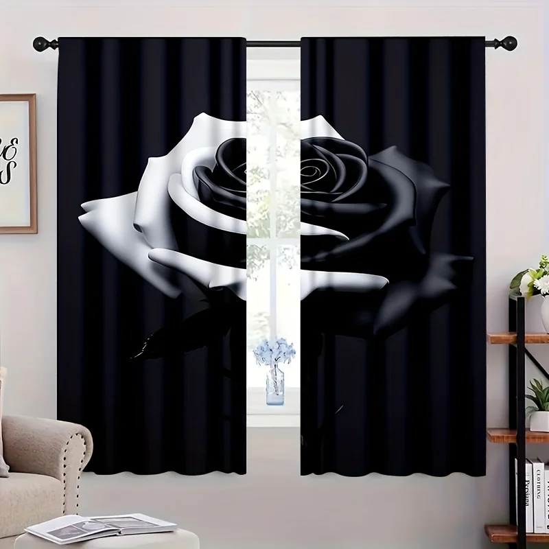 2pcs B&W Rose Door Curtains,Thermal, Light-Filtering Rod Pocket Panels for Living Room, Bedroom, Kitchen & Office, Elegant Decor