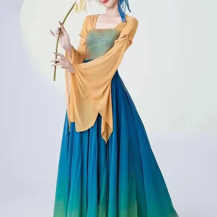 Women Hanfu Flowy 720 Degree Maxi Skirt Training Suit For Dancing Wide Leg Chiffon Pants Gradient Green Yellow Costume Classical