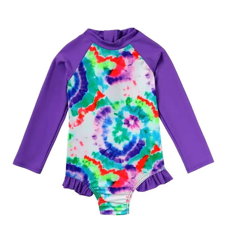 Kids Girls UPF 50 Sun Protection Bathing Suit One Piece Printed Rash Guard Swimsuit Long Sleeve Back Zipper Bodysuit