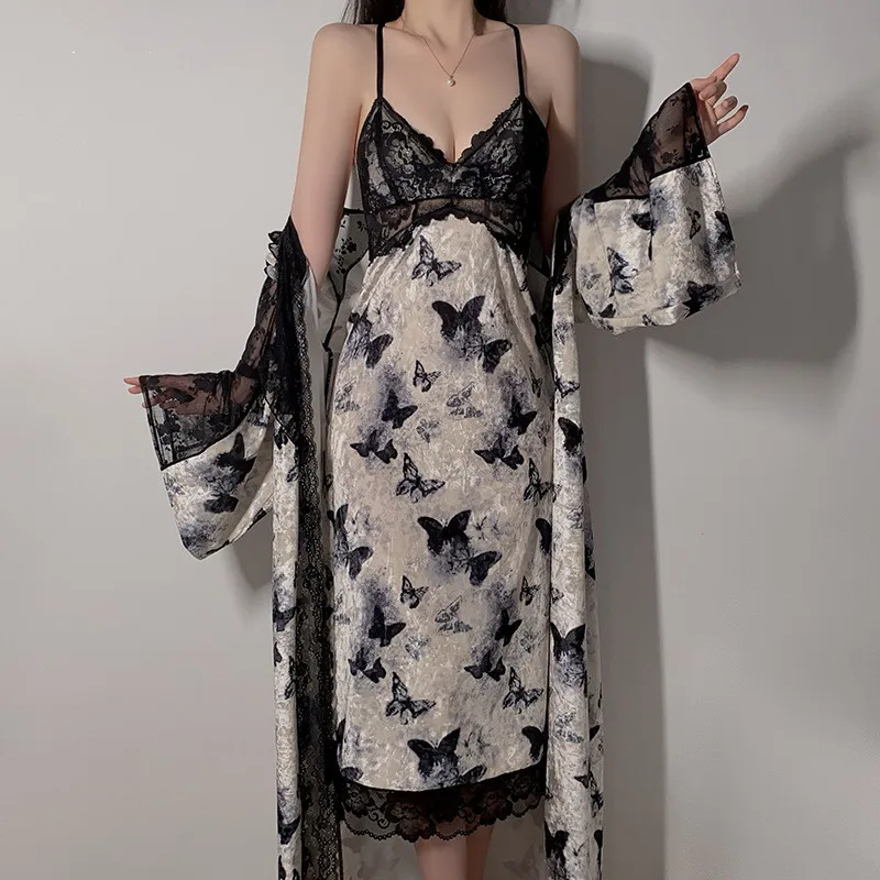 

Велюровый длинный халат, комплект женской одежды для сна, ночная рубашка, ночная рубашка, кимоно с кружевной отделкой, халат, костюм, повседневная женская одежда для дома