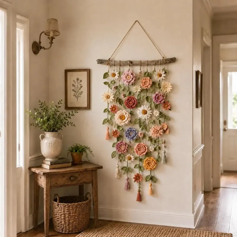 Crochet Flower Vine Wall Hanging Handmade Knit Floral Garland Home Decor Boho Room Decoration