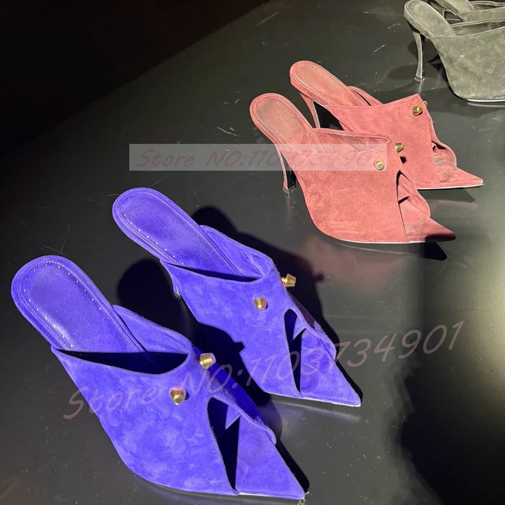 Peep Toe Rivets Heeled Mules Women Red Suede Pointed Toe Metal Studs Slippers Lady Sexy High Heels