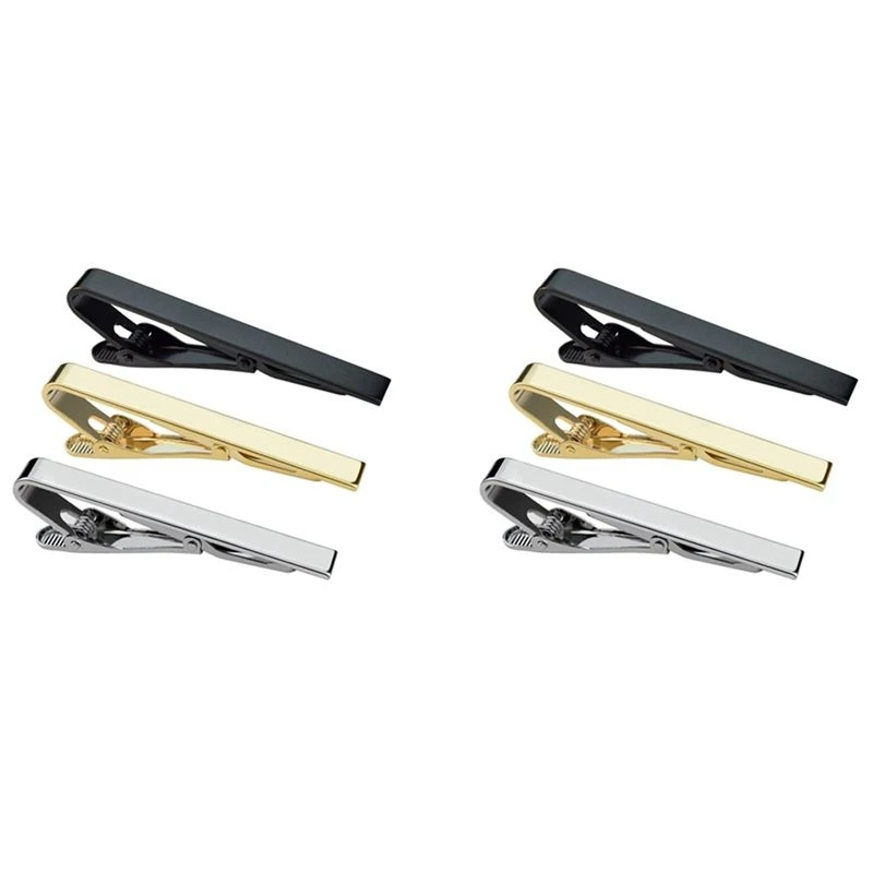 6Pcs Tie Bar Clip, Tie Tack Pins Tie Clips Men Silver Gold Black Necktie Bar Pinch Clip Set 2.2 Inch Clasps