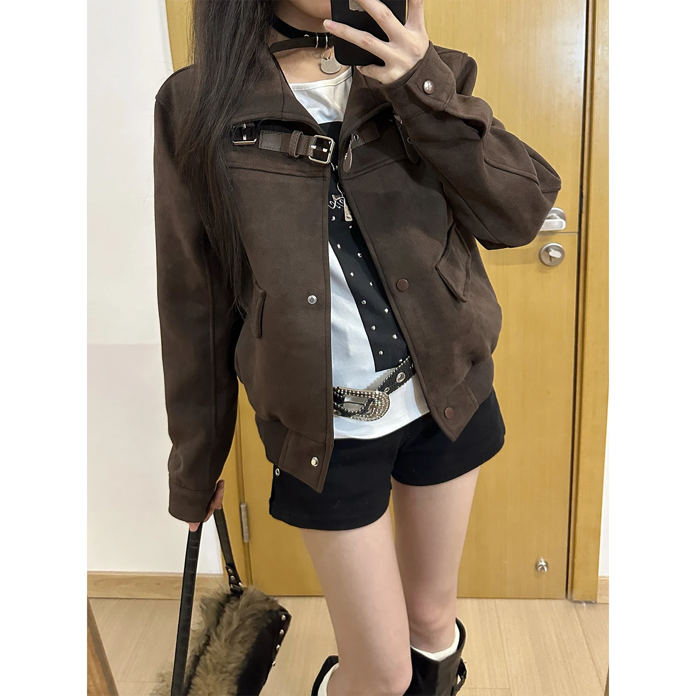 

American Retro Stand Collar ort Jaet Women's Loose Slimming Versatile High-End Feeling Motorcycle Jaet Top