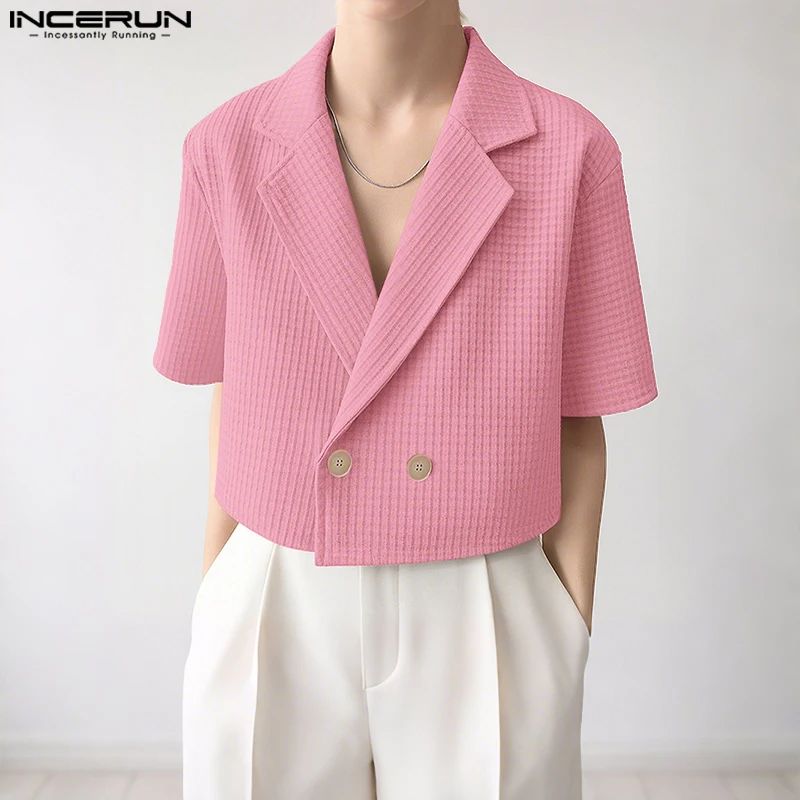 

INCERUN Men Blazer Solid Color Lapel Short Sleeve Button Crop Coats Men Streetwear 2025 Loose Korean Style Fashion Male Suit