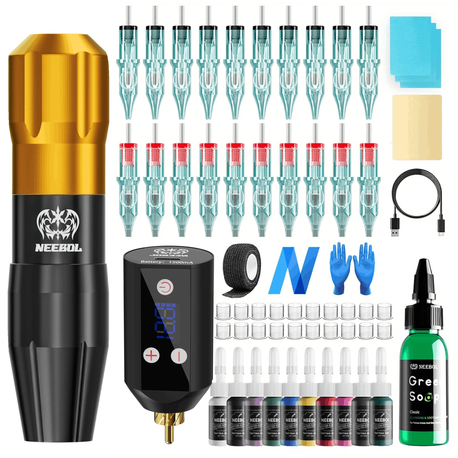 

Полный комплект Neebol Wireless Tattoo Machine Kit Роторная ручка для татуировки, иглы для картриджей для татуировки, чернила, 1450 мАч, 2 батареи