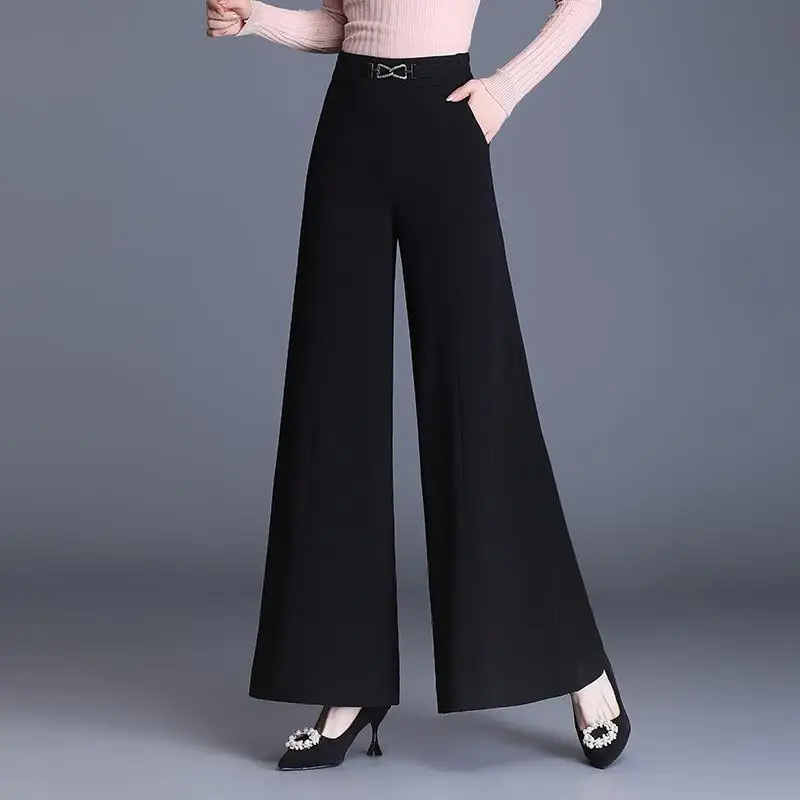 Korean Clothing Women Black Flare Pants Spring Autumn Office Lady Versatile Loose Fashion Casual High Waist Wide Leg Trousers