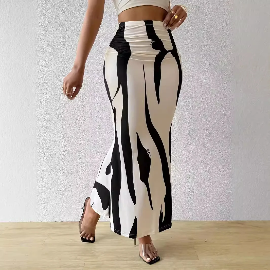 Dressy Casual Graphic Zebra Print Pleated Long Skirts Women Autumn Fashion Elastic High Waist Geometry Midi Skirt Streetwear