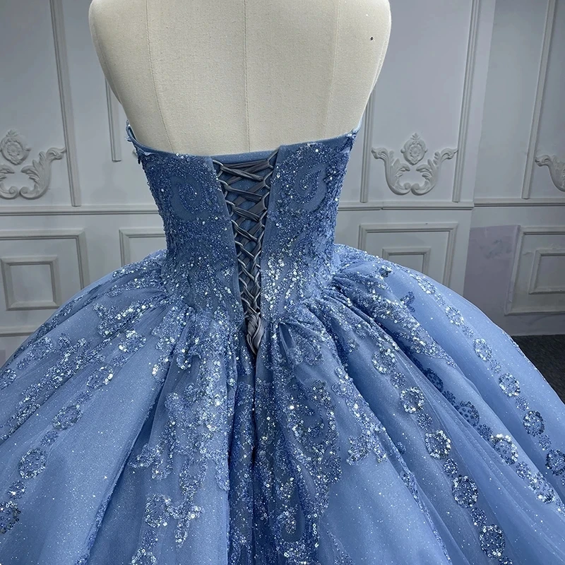 Sky Blue Shiny Off The Shoulder Quinceanera Dress Ball Gown Lace Applique Beaded Tull Sweet 16 Vestido 15 De Años