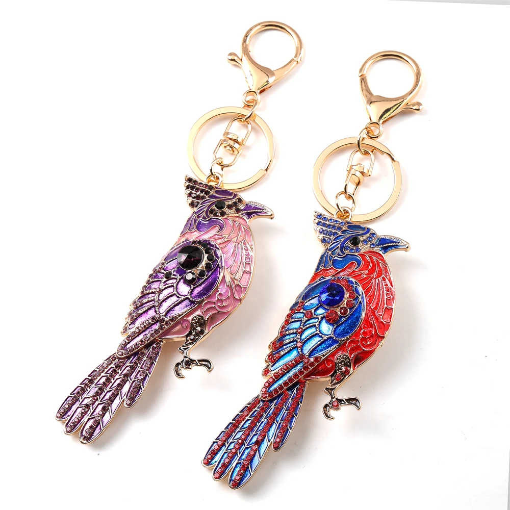 Cute Colorful Enamel Northern Cardinal Crystal Key Chain Alloy Gold Color Rhinestones Fashion Birds Bag Charms Keyring Jewelry