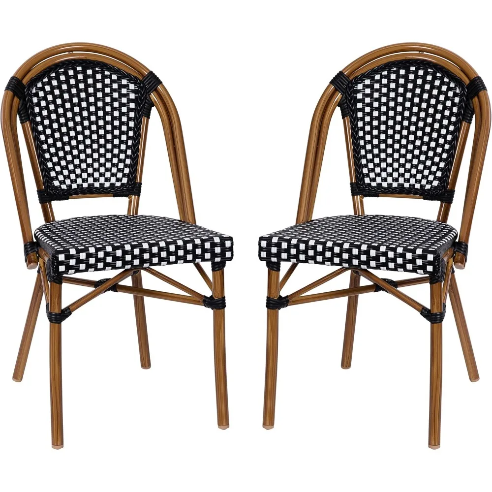 كرسي إيما وأوليفر سوي بيسترو: مقعد وظهر من البولي إيثيلين المنسوج باللونين الأبيض والأسود، إطار من الألومنيوم على طراز الخيزران، مناسب لأنا