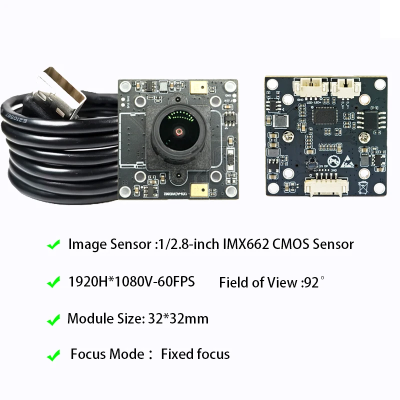 

Модуль камеры USB2.0 1080P 60/30FPS - сенсор IMX662, 92 ° FOV, выход MJPEG/YUY2, кабель 1 м, 32*32 мм