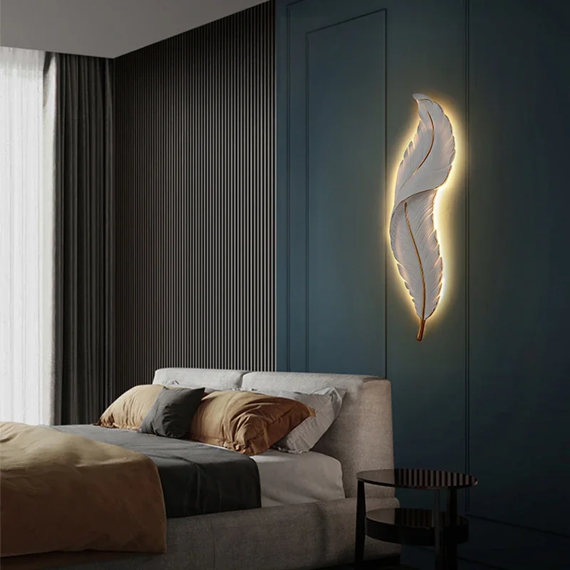 Black White Feather Wall Lamp For Bedroom Bedside Aisle Corridor Sample Room  Environmental Friendly Resin Lights L65